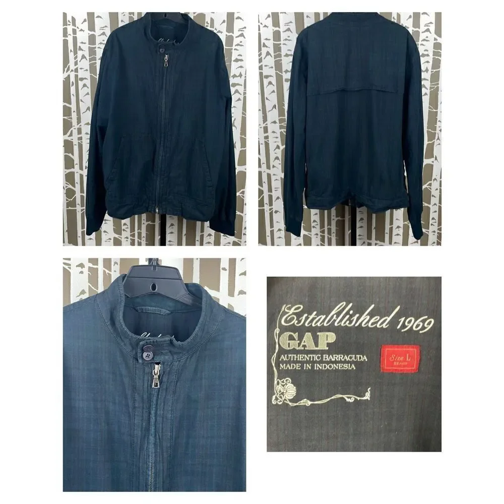 GAP Mens Y2K Barracuda Navy Blue Plaid Zip Up Bomber Jacket sz L